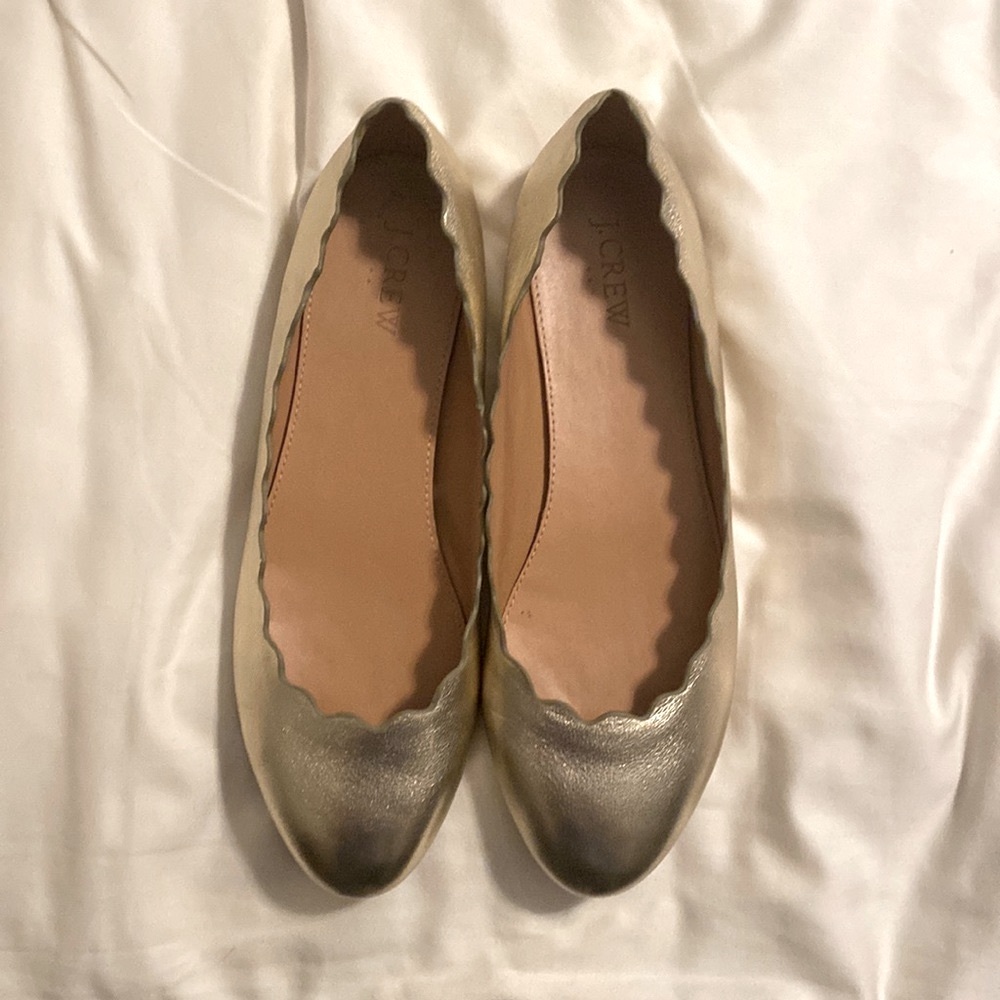 J Crew gold leather flats with scalloped detail